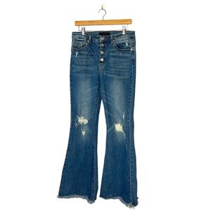Risen Mid Rise Button Fly Flare Jeans Raw Hem Distressed Size 31/ 13